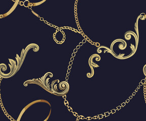 Wall Mural - Gold chains and baroque elements on a black background. Vintage seamless pattern. 