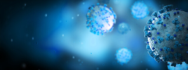 Poster - Microscopic close-up of the covid-19 disease. Coronavirus illness spreading in body cell. 2019-nCoV analysis on microscope level 3D rendering