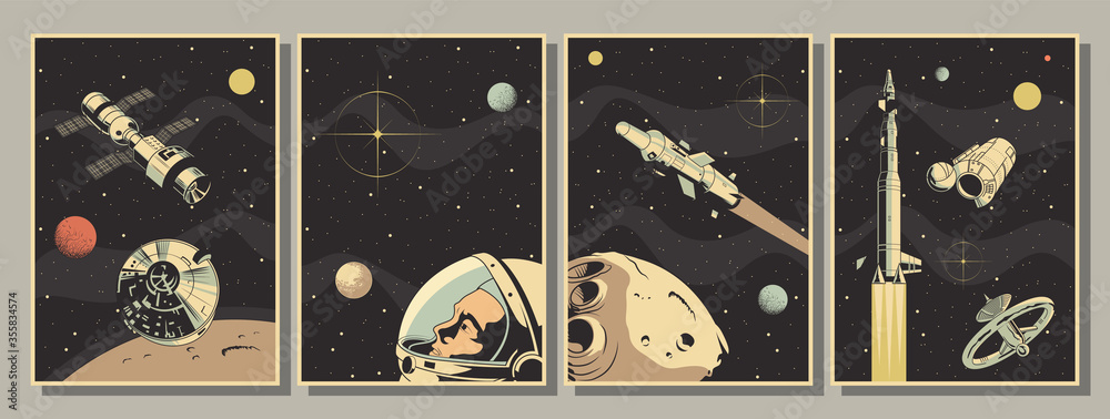 Space Astronautics Posters, Astronaut, Spacecraft, Rockets, Planets, Asteroid, Retro Style  - obrazy, fototapety, plakaty 