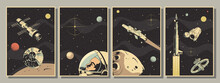 Space Astronautics Posters, Astronaut, Spacecraft, Rockets, Planets, Asteroid, Retro Style 