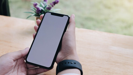 Close-up view of woman's hands holding blank screen smartphone