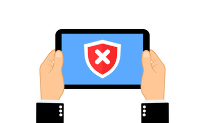 Poster - Hands holding tablet computer with check mark cross X in the red shield . Flat design on isolated background. Eps 10 vector. Business, protection, safety, security, reliability concept