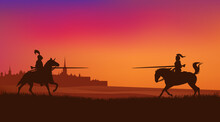 Two Horse Riding Knights Jousting At Sunset With Ancient Medieval Town Silhouette In The Background - Fairy Tale Fight Scene Vector Design