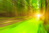 Fototapeta Sport - Motion blurred green forest channel.