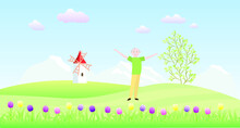 An Elderly Person Is Engaged In Physical Exercises In Nature. Vector Illustration With Green Hills, Mill, Tree.
