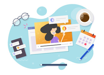 Poster - Video webinar watching online concept on workplace desk above or internet distance learning web courses call or tutorial idea vector flat cartoon illustration, education or study desktop table image