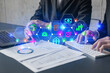 © VideoFlow - Two people working together and business icon drawing. Concept of research and development. double exposure
