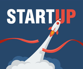 Poster - Start Up concept - rocket launching into space and  cuts the red ribbon - cartoon spaceship with smoky track and thematical headline - vector illustration 