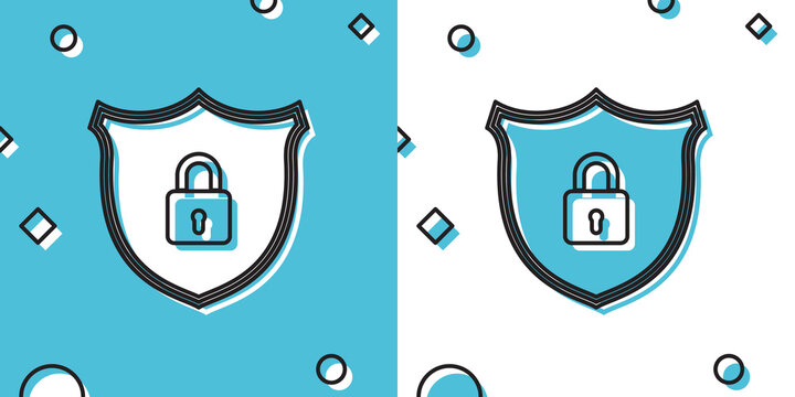 Black Shield security with lock icon isolated on blue and white background. Protection, safety, password security. Firewall access privacy sign. Random dynamic shapes. Vector Illustration