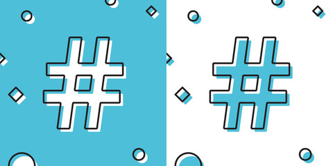 Poster - Black Hashtag icon isolated on blue and white background. Social media symbol. Modern UI website navigation. Random dynamic shapes. Vector Illustration