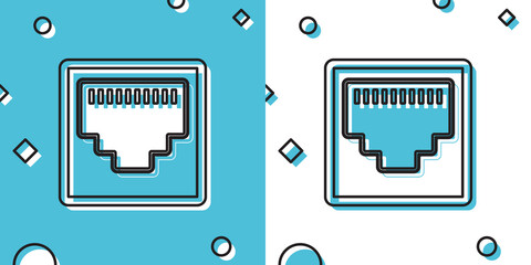 Poster - Black Network port - cable socket icon isolated on blue and white background. LAN port icon. Ethernet simple icon. Local area connector icon. Random dynamic shapes. Vector Illustration
