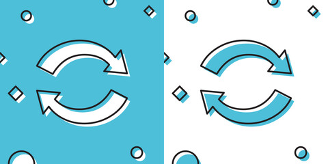 Poster - Black Refresh icon isolated on blue and white background. Reload symbol. Rotation arrows in a circle sign. Random dynamic shapes. Vector Illustration