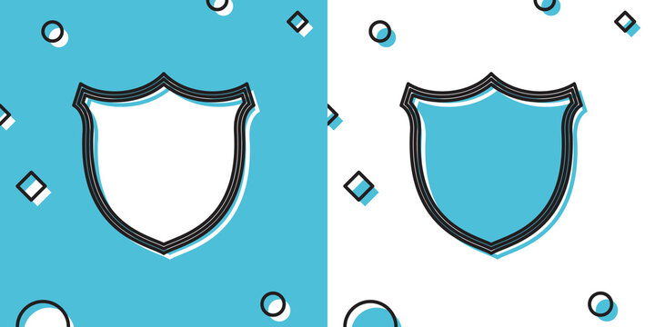 Black Shield security icon isolated on blue and white background. Protection, safety, security concept. Firewall access privacy sign. Random dynamic shapes. Vector Illustration