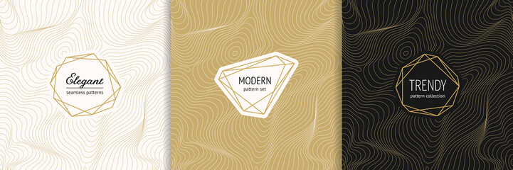 Vector golden seamless pattern collection with modern minimal labels. Luxury minimalist linear gold backgrounds with thin curved lines. Metal foil abstract texture. Dynamic surface. Trendy design