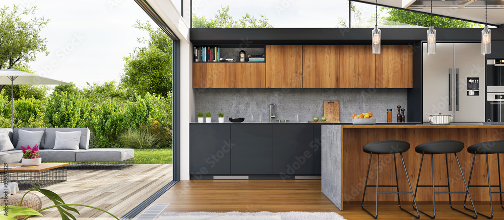 Interior design of a kitchen in a modern house with an open terrace ...