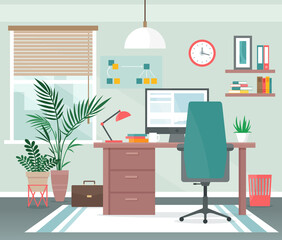 home office workplace vector illustration. cartoon flat apartment room interior with computer on tab