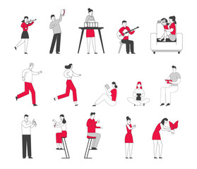 Set of Male and Female Characters Engage Sports Activity, Jogging and Running Marathon, Kids Playing Musical Instruments in Music School Class. People Drinking in Bar. Linear Vector Illustration