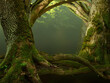 Old mossy trees with crooked branches and roots. Composed as a frame or fairytale gates to forest.