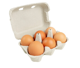 A carton pack of six brown chicken eggs isolated on white background.