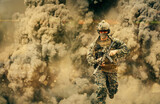 Soldier running between smoke and explosion in battle field