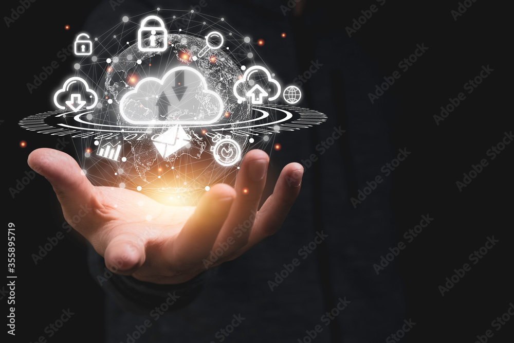 Hand holding virtual cloud computing with world and technology item such as upload download. Cloud technology management big data include business strategy , customer. - obrazy, fototapety, plakaty 