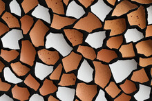 Broken Eggshell Shards On Black. Brown And White Pieces Texture. Abstract Creative Background. Closeup