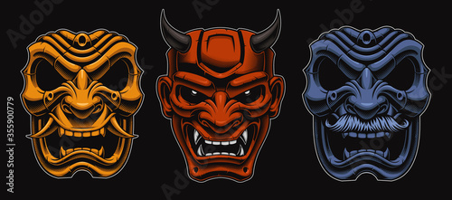Cuadros en Lienzo Set of vector Japanese masks of samurais isolated on the dark background