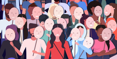 people crowd holding positive masks men women group covering face emotions behind masks fake feeling depression mental disorder concept full length horizontal vector illustration