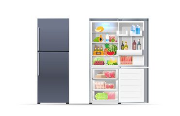 open and closed refrigerator fridge full of fresh food horizontal isolated vector illustration