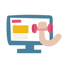 desktop with hand lifting dumbbell flat style icon