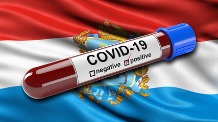 Wall Mural - Flag of Samara Oblast waving in the wind with a positive Covid-19 blood test tube. 3D illustration concept for blood testing for diagnosis of the new Corona virus.