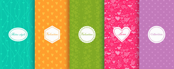 Poster - Set of Cute bright seamless patterns with hearts. Vector illustration bright design. Abstract seamless hand drawn patterns on vibrant background.