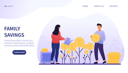 Family Savings and investment concept with a young couple planting and watering money plants with gold coins, colored vector illustration