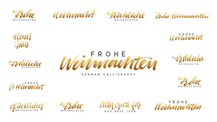 Poster - German lettering Frohe Weihnachten, Frohliche Weihnachten. Merry Christmas and Happy New Year, golden Handwritten lettering text calligraphy. vector illustration