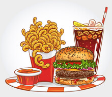 Hand Drawn Vector Illustration Of A Burger With Curly Fries, Ketchup And Iced Soda.