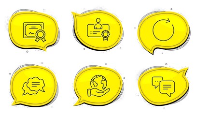 Poster - Certificate sign. Diploma certificate, save planet chat bubbles. Dots message, Synchronize and Text message line icons set. Chat bubble, Refresh or update, Best employee. Technology set. Vector