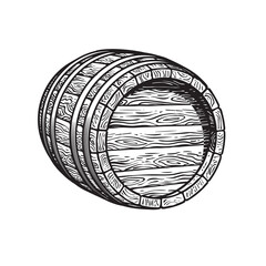 Wall Mural - old wooden barrel lying on its side. beer, wine, rum whiskey barrel three quarters view. hand drawn 