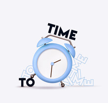 Clock 3d Vector. Blue Alarm Clock Realistic Of Plastic In Soft Pastel Colors. Time To The Watch.