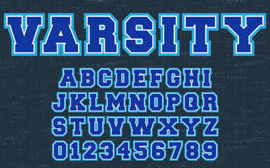 Wall Mural - Varsity design alphabet template. Letters and numbers of college clothing style. Vector illustration