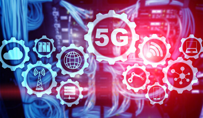 Wall Mural - 5g progect on abstract server room background.