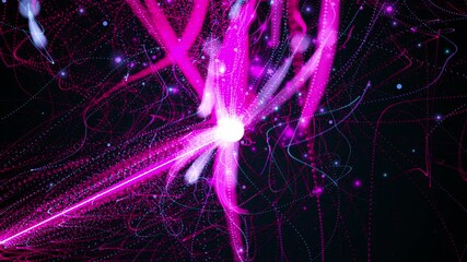 Poster - Computer generated shining sphere with many magical particles and lines leaving trails. 3d rendering of colorful background