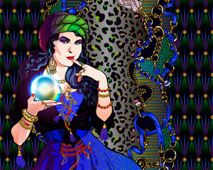 Portrait of a brunette fortuneteller in stole with a magic crystal ball in her hand. A woman is in a vintage oriental costume, abstract background with silhouettes of mystical characters.