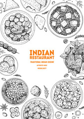 Wall Mural - Indian food illustration. Hand drawn sketch. Indian cuisine. Doodle collection. Vector illustration. Menu background. Engraved style.