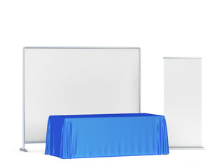 Wall Mural - Blank tradeshow tablecloth with roll-up banners aside