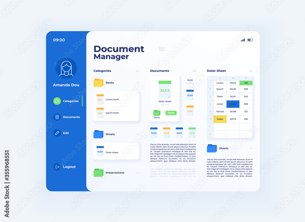Share document tablet interface vector template. Mobile app page day ...