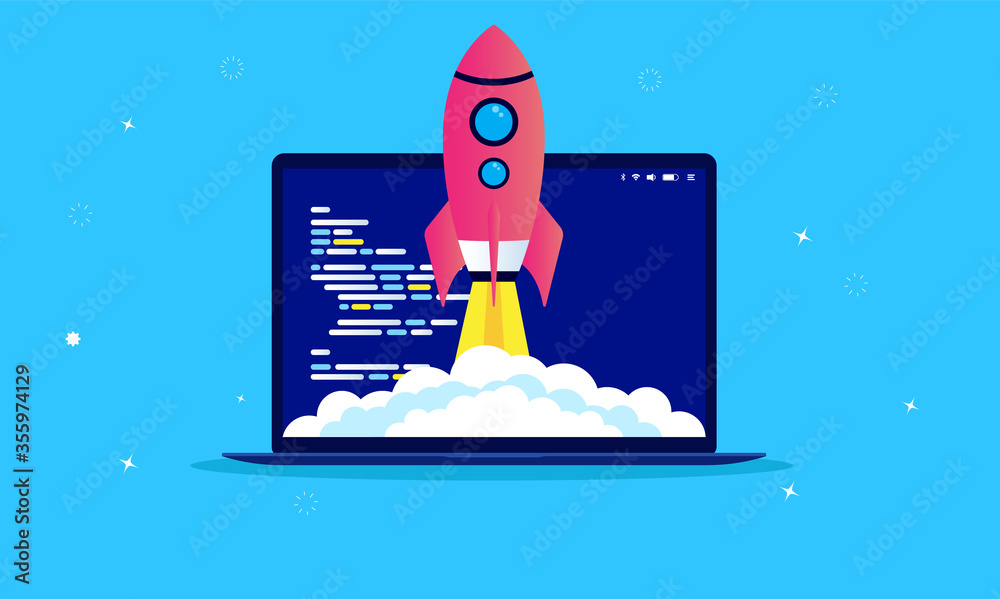 Fast development - Rocket ship flying up from laptop computer with code ...