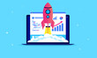 © Knut - Website speed optimisation - Laptop with webpage and analytic tools on screen. Rocket flying up symbolising fast launch. SEOm performance and web development concept. Vector illustration.