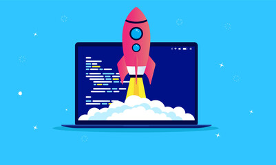 Fototapete - Fast development - Rocket ship flying up from laptop computer with code on screen. Symbolising speed and launch of website. Vector illustration.