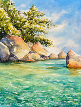 Beach With A Rocks In Cloudy Day On Tropical Island At South Of Thailand.Picture Created With Watercolors.