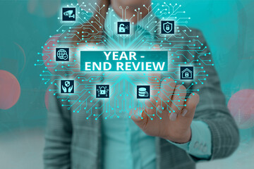 Poster - Handwriting text writing Year end Review. Conceptual photo annual assessment of achievement and goal development